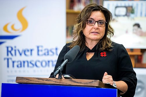 MIKAELA MACKENZIE / WINNIPEG FREE PRESS

Superintendent and CEO of the River East Transcona School Division Sandra Herbst speaks at a new funding announcement for newcomer education supports at Collge Miles Macdonell Collegiate in Winnipeg on Monday, Nov. 7, 2022. For Maggie story.
Winnipeg Free Press 2022.