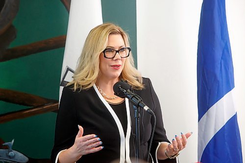 MIKE DEAL / WINNIPEG FREE PRESS
Manitoba Families Minister Rochelle Squires speaks during the opening of Fre Maachi at 670 Main Street.
The Manitoba M&#xe9;tis Federation (MMF), the National Government of the Red River M&#xe9;tis announce the opening of Fre Maachi &quot;New Beginnings&quot; at 670 Main Street, a 20-unit transitional Housing First program to assist in the fight to ending homelessness in Winnipeg. 
230320 - Monday, March 20, 2023.