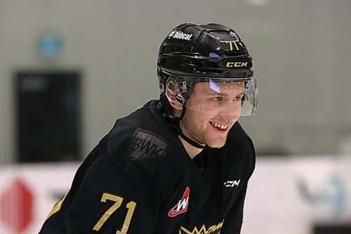 Zakhar Polshakov smiles during the skill competition the Brandon Wheat Kings skills competition at J&amp;G Homes Arena on Feb. 12. (Perry Bergson/The Brandon Sun)