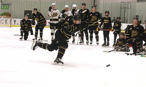 Zakhar Polshakov blasts a slapshot at the net during the hardest shot contest at the Brandon Wheat Kings skill competition at J&amp;G Homes Arena on Feb. 12. (Perry Bergson/The Brandon Sun)