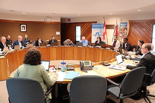 Members of the Brandon School Division board of trustees gather at BSD headquarters on 6th Street for Monday’s regular meeting. (Kyle Darbyson/The Brandon Sun)