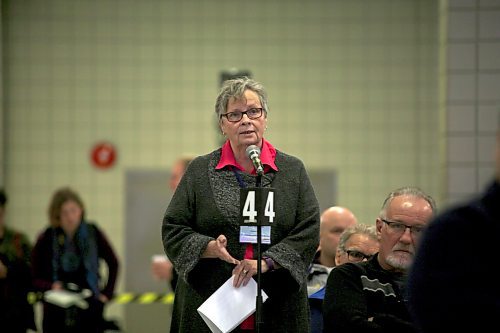 Brandon Sun Boissevain-Morton Coun. Judy Swanson poses a question on EMS services during a panel discussion at the Association of Manitoba Municipalities convention on Tuesday. (Michael Lee/The Brandon Sun)