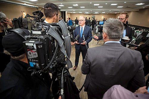 Mike Deal / Winnipeg Free Press
Winnipeg Mayor Scott Gillingham talks to the media after attending the Manitoba Heavy Construction Association&#x2019;s (MHCA) 2023 Breakfast with the Leaders series at the Holiday Inn Express Winnipeg Airport, 1740 Ellice Ave, Tuesday morning.
See Gabby story
230411 - Tuesday, April 11, 2023.