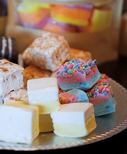 JOHN WOODS / WINNIPEG FREE PRESS
Dena and Brendon Desrosiers, owners of The Marshmallow Factory, are photographed with some of their 20+ flavoured marshmallow treats in their home Monday, April 10, 2023. 

Re: Sanderson