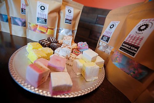 JOHN WOODS / WINNIPEG FREE PRESS
Dena and Brendon Desrosiers, owners of The Marshmallow Factory, are photographed with some of their 20+ flavoured marshmallow treats in their home Monday, April 10, 2023. 

Re: Sanderson