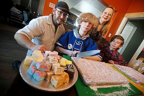 JOHN WOODS / WINNIPEG FREE PRESS 
Dena and Brandon Desrosiers, owners of the Marshmallow Factory, with their sons Tyson, left, and Kenzie, and some of their many innovative flavours of marshmallows.