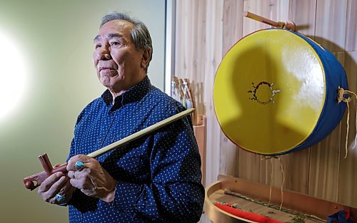 RUTH BONNEVILLE / WINNIPEG FREE PRESS 

ENT - ELDER PROFILE

Profile portrait of Elder, Robert Green, in the reflection room at CMHR with a Grandfather &amp; Grandmother drum that was gifted to the CMHR, next to him. 

 This is for a profile piece on  the knowledge keeper series and talks about Greene&#x2019;s journey to becoming a knowledge keeper and elder.

&#x201c;My name, my clan, and who I belong to, that&#x2019;s all part of my Identity. That&#x2019;s all part of who I am as an Anishinaabe man, descended from my grandfathers and great grandfathers and my grandmothers and great grandmothers.&#x201d;

He was born on Iskatewizaagegan #39 Independent First Nation also known as Shoal Lake #39, an Anishinaabe community located 16 kilometers south of Ontario Highway 673 from TransCanada Highway 17, that sits next to Shoal Lake #40. They are the people of the Shallow Water.

The small, isolated community had no hydro, no road, and the only connection Greene had to the outside world was his grandfather&#x2019;s radio that was powered by big box-sized batteries. Today the community has a registered population of 585 band members, with the on-reserve population of roughly 297 people.





April 13th, 2023