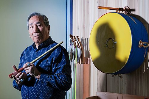 RUTH BONNEVILLE / WINNIPEG FREE PRESS 

ENT - ELDER PROFILE

Profile portrait of Elder, Robert Green, in the reflection room at CMHR with a Grandfather &amp; Grandmother drum that was gifted to the CMHR, next to him. 

 This is for a profile piece on  the knowledge keeper series and talks about Greene&#x573; journey to becoming a knowledge keeper and elder.

&#x48d;y name, my clan, and who I belong to, that&#x573; all part of my Identity. That&#x573; all part of who I am as an Anishinaabe man, descended from my grandfathers and great grandfathers and my grandmothers and great grandmothers.&#x4cd;
He was born on Iskatewizaagegan #39 Independent First Nation also known as Shoal Lake #39, an Anishinaabe community located 16 kilometers south of Ontario Highway 673 from TransCanada Highway 17, that sits next to Shoal Lake #40. They are the people of the Shallow Water.

The small, isolated community had no hydro, no road, and the only connection Greene had to the outside world was his grandfather&#x573; radio that was powered by big box-sized batteries. Today the community has a registered population of 585 band members, with the on-reserve population of roughly 297 people.





April 13th, 2023