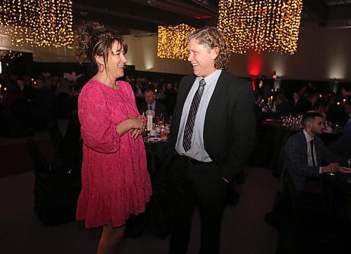 Tanya LaBuick, president of the Brandon Chamber of Commerce shares a laugh with Brandon Mayor Jeff Fawcett at the 140th annual Business Achievement Awards, which was hosted by the Brandon Chamber of Commerce on Thursday at the Keystone Centre. (Michele McDougall/The Brandon Sun) 