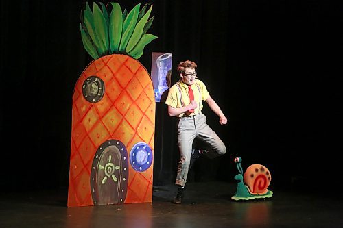 Grade 10 student Lucas Park opens Crocus Plains' Saturday matinee performance of "The SpongeBob Musical" by adopting the upbeat mannerisms of its title character. Crocus Plains' production of this stage musical consisted of three shows that took place at the Western Manitoba Centennial Auditorium throughout Thursday evening, Friday evening and Saturday afternoon. (Kyle Darbyson/The Brandon Sun)