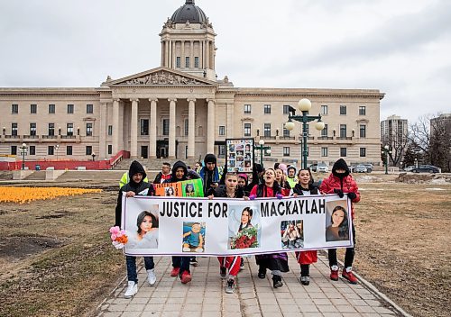 JESSICA LEE / WINNIPEG FREE PRESS

Around a hundred supporters march to remember Mackaylah Roussin on April 15, 2023 at the Legislative Building. Roussin&#x2019;s body was found on an ATV trail last summer.

Reporter: Erik Pindera