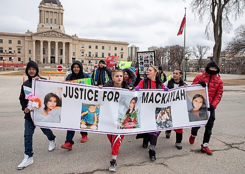 JESSICA LEE / WINNIPEG FREE PRESS

Around a hundred supporters march to remember Mackaylah Roussin on April 15, 2023 at the Legislative Building. Roussin&#x2019;s body was found on an ATV trail last summer.

Reporter: Erik Pindera