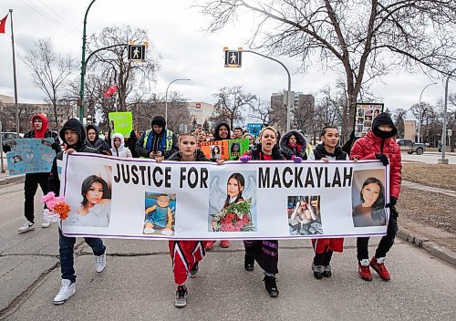 JESSICA LEE / WINNIPEG FREE PRESS

Around a hundred supporters march to remember Mackaylah Roussin on April 15, 2023 at the Legislative Building. Roussin&#x2019;s body was found on an ATV trail last summer.

Reporter: Erik Pindera