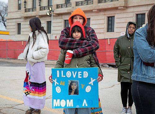 JESSICA LEE / WINNIPEG FREE PRESS

Mackaylah Roussin’s cousin and aunt, Amanda Mousseau, attend a memorial to remember her on April 15, 2023 at the Legislative Building. Around a hundred supporters showed up to demand justice for Missing and Murdered Indigenous Women and Girls. Roussin’s body was found on an ATV trail last summer.

Reporter: Erik Pindera