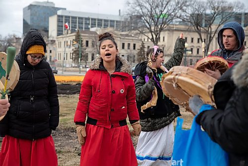 JESSICA LEE / WINNIPEG FREE PRESS

Supporters sing and drum to remember Mackaylah Roussin on April 15, 2023 at the Legislative Building. Around a hundred supporters showed up to demand justice for Missing and Murdered Indigenous Women and Girls. Roussin&#x2019;s body was found on an ATV trail last summer.

Reporter: Erik Pindera