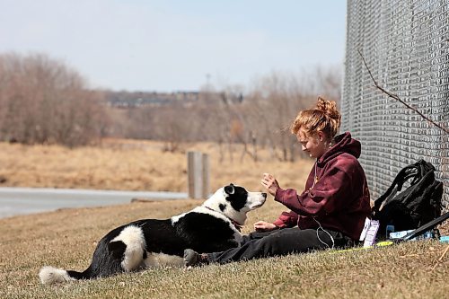 17042023
Aubrey Burgoyne visits with her dog Franklin at Dinsdale Park on a warm and sunny Monday afternoon. 
(Tim Smith/The Brandon Sun)