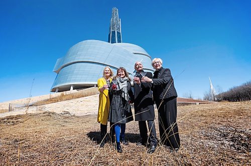 RUTH BONNEVILLE / WINNIPEG FREE PRESS 

Standup - CMHR anniversary toast 

Gail Asper lifts a martini glass on the grounds of the CMHR with close-knot supporters in honour of her dad, Izzy Asper, to toast the 20th anniversary for its 2003 announcement Monday. 

More info:  Today marks the 20th anniversary of Dr. Israel Asper&#x2019;s April 17, 2003 announcement to establish the Canadian Museum for Human Rights in Winnipeg,Manitoba. During a Winnipeg ceremony held at The Forks, a National Historic Site ofCanada, Dr. Asper remarked &#x201c;Today&#x2019;s announcement is the realization of a dream for TheAsper Foundation and an historic moment for Canada. 

Group photo, names and titles: from left

Kim Jasper;   Chief Marketing &amp; Communications Officer, Friends of the Canadian Museum for Human Rights (yellow), 
Gail Asper,  President, The Asper Foundation, Moe Levy:  Executive Director, The Asper Foundation and  Diane Boyle: Capital Campaign CEO, Friends of the Canadian Museum for Human Rights.



April 17th, 2023