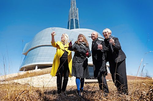 RUTH BONNEVILLE / WINNIPEG FREE PRESS 

Standup - CMHR anniversary toast 

Gail Asper lifts a martini glass on the grounds of the CMHR with close-knot supporters in honour of her dad, Izzy Asper, to toast the 20th anniversary for its 2003 announcement Monday. 

More info:  Today marks the 20th anniversary of Dr. Israel Asper&#x573; April 17, 2003 announcement to establish the Canadian Museum for Human Rights in Winnipeg,Manitoba. During a Winnipeg ceremony held at The Forks, a National Historic Site ofCanada, Dr. Asper remarked &#x494;oday&#x573; announcement is the realization of a dream for TheAsper Foundation and an historic moment for Canada. 

Group photo, names and titles: from left

Kim Jasper;   Chief Marketing &amp; Communications Officer, Friends of the Canadian Museum for Human Rights (yellow), 
Gail Asper,  President, The Asper Foundation, Moe Levy:  Executive Director, The Asper Foundation and  Diane Boyle: Capital Campaign CEO, Friends of the Canadian Museum for Human Rights.



April 17th, 2023