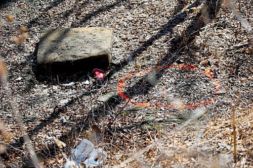 JOHN WOODS / WINNIPEG FREE PRESS
A police marker on the Red River bank where a man found body parts in a bag while out for a walk Monday, April 17, 2023. 

Re: Kitching