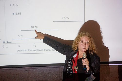 Mike Deal / Winnipeg Free Press
Scientist, Dr. Cheryl Forchuk, who has been working closely with the several Federal Government agencies (PHAC and Reaching Home) to work on generating more accurate National numbers on homelessness across the country, speaks during a national homelessness forum that took place Tuesday at Sergeant Tommy Prince Place, 90 Sinclair Street.
230418 - Tuesday, April 18, 2023.