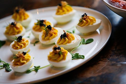 JOHN WOODS / WINNIPEG FREE PRESS
Deviled Eggs with Caviar at the soft opening of the Friskee Pearl, a new seafood restaurant opening in the former Earl&#x573; Main Street location, Tuesday, April 18, 2023. 

Re: Wasney