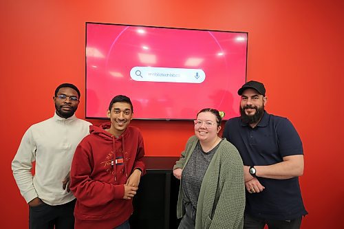 From left to right: Mobile Tech Labs co-founders Daniel Okagbare and Kyle Jagassar, technician Kelly Paddock and operations manager Gilles Laurin show off their Brandon location, which opened earlier this month. (Colin Slark/The Brandon Sun)