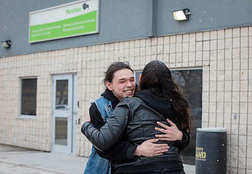 JESSICA LEE / WINNIPEG FREE PRESS

Tyler Diaz-Lopez is all smiles leaving Winnipeg Child &amp; Family Services April 20, 2023. He has just learned he will be reunited with his infant after the newborn was apprehended. He says he looks forward to holding his baby. He hugs his aunt Donna Diaz-Lopez, one of a handful of supporters who came with him to meet Winnipeg Child &amp; Family Services.

Reporter: Malak Abas