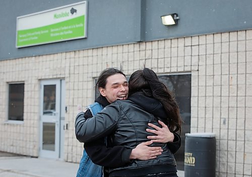 JESSICA LEE / WINNIPEG FREE PRESS

Tyler Diaz-Lopez is all smiles leaving Winnipeg Child &amp; Family Services April 20, 2023. He has just learned he will be reunited with his infant after the newborn was apprehended. He says he looks forward to holding his baby. He hugs his aunt Donna Diaz-Lopez, one of a handful of supporters who came with him to meet Winnipeg Child &amp; Family Services.

Reporter: Malak Abas