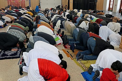 21042023
Members of Manitoba&#x2019;s Muslim community pray together at the Provincial Exhibition of Manitoba Display Building No. II in Brandon during Eid al-Fitr (festival of breaking the fast), the Islamic celebration marking the end of the month of dawn-to-sunset fasting for Ramadan. Hundreds of members of Manitoba&#x2019;s Muslim community from approximately two dozen different countries joined together for the celebration at the Dome building on Friday morning.   (Tim Smith/The Brandon Sun)