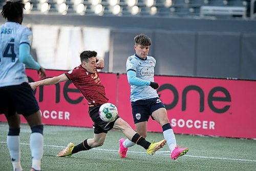 BROOK JONES / WINNIPEG FREE PRESS
Valour FC played to a 1-1 draw against Athl&#xe9;tico Ottawa at IG Field in Winnipeg, Man., Saturday, April 22, 2023. Pictured: Valour FC attacker Mattteo Camillo Paul de Brienne fights for the soccer ball during first half action. 