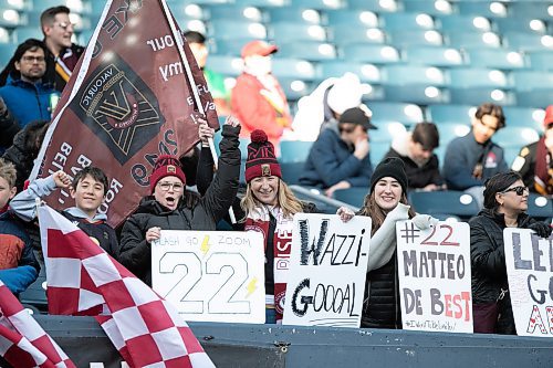 BROOK JONES / WINNIPEG FREE PRESS
L-R: Valour FC fans Bauti Imaz, Jennfer Stainer, Pola Imaz and Bella Imaz cheers on the home team at IG field in Winnipeg, Man., Saturday, April 22, 2023. Valour FC played to a 1-1 draw against Athl&#xe9;tico Ottawa. 