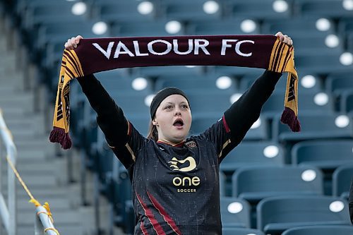 BROOK JONES / WINNIPEG FREE PRESS
Valour FC fan Kristin Laidlaw cheers on the home team at IG field in Winnipeg, Man., Saturday, April 22, 2023. Valour FC played to a 1-1 draw against Athl&#xe9;tico Ottawa. 