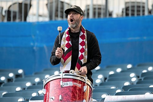 BROOK JONES / WINNIPEG FREE PRESS
A Valour FC fan beats the drum while cheering on the home team at IG field in Winnipeg, Man., Saturday, April 22, 2023. Valour FC played to a 1-1 draw against Athl&#xe9;tico Ottawa. 