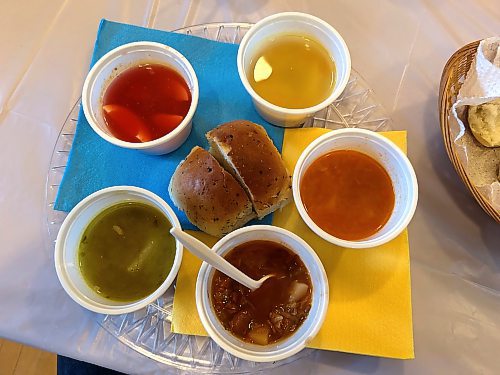 A closer look at the five kinds of borscht that were being served at Tryzub's inaugural Borscht Fest fundraising event over the weekend. This variations include green borscht, red borscht, white borscht, fish borscht and cold borscht.(Kyle Darbyson/The Brandon Sun)