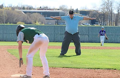 Baseball umpire-in-chief Jack Reynolds makes a call at a high school baseball game last summer at Andrews Field. He said there should be enough umpires in Brandon this year, although they're aren't as many at the highest levels. (Perry Bergson/The Brandon Sun)