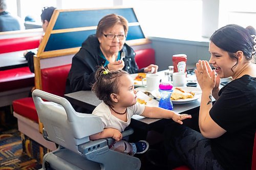 MIKAELA MACKENZIE / WINNIPEG FREE PRESS

Myla Zaitsoff (one year old) eats breakfast with her mom, Alexandrea Zaitsoff, and great-grandmother, Donna Zaitsoff, on the last day before closing at Sal&#x573; on Main Street in the North End in Winnipeg on Monday, April 24, 2023.

Winnipeg Free Press 2023.