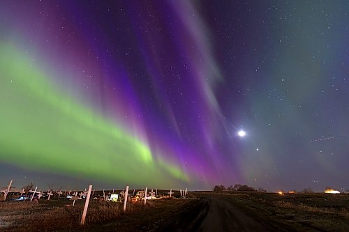 24042023
The northern lights dance across the sky above Sioux Valley Dakota Nation early Monday morning during a powerful display of aurora borealis that filled the sky. 
(Tim Smith/The Brandon Sun)