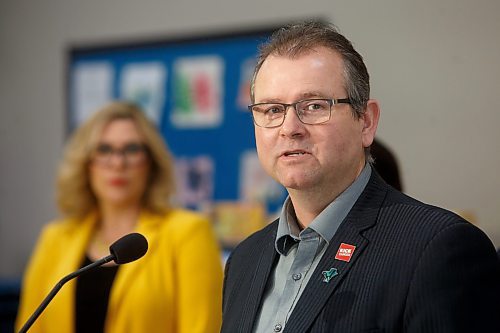 MIKE DEAL / WINNIPEG FREE PRESS
Manitoba Minister of Education and Early Childhood Learning, Wayne Ewasko, speaks during the announcement by Prime Minister, Justin Trudeau, and the Premier of Manitoba, Heather Stefanson, that Manitoba will achieve an average of $10-a-day regulated child care on April 2, 2023 &#x2013; three years ahead of the national target.
230303 - Friday, March 03, 2023.