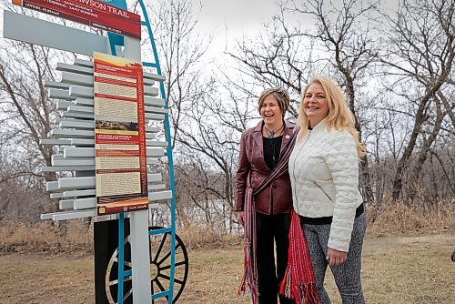 RUTH BONNEVILLE / WINNIPEG FREE PRESS 

LOCAL - Dawson Trail unveiling 

An unveiling ceremony of a new interpretive landmark on the Dawson Trail took place along the Seine River Parkway near Provencher Blvd. Wednesday. 

Photo of Pierrette Sherwood (purple), Chair of the Dawson Trail Arts &amp; Heritage Tour Initiative and Mireille Lamontagne (white), Historian of the project, celebrate as they take part in the unveiling of a new trail marker that designates the original western terminus of this first all-Canadian road to link the East and West built upon the First Nation trails thousands of years older.  

The Dawson Trail Commemorative Project is the culmination of a community-based, inter-regional initiative launched four years ago by volunteers of the Dawson Trail Arts and Heritage Tours with a goal to uncover and revive he rich history of the Dawson Trail in Manitoba. 

See Shelly's story 

April 26th, 2023