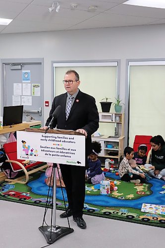 Manitoba Education and Early Childhood Learning Minister Wayne Ewasko announces wage increases for early childhood educators on April 27, 2023 at the René Deleurme Centre at 511 St Anne’s Rd. (Tyler Searle / Winnipeg Free Press) 