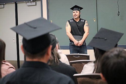 LINKS Institute student Colin Partridge addresses the crowd during Thursday's graduation ceremony that took place at the Riverbank Discovery Centre in Brandon. (Kyle Darbyson/The Brandon Sun)