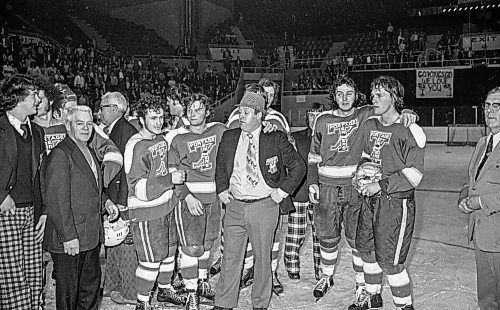 Dave Johnson / Winnipeg Free Press files
Head coach Muzz MacPherson, wearing a fedora, is surrounded by his players after the win.
On Monday, May 14, 1973,&#xa0;the Portage Terriers clinched the Centennial Cup, beating the Pembroke Lumber Kings (Ont.) 4-2 in the fifth game of the series at Winnipeg Arena.
See Mike Sawatzky story