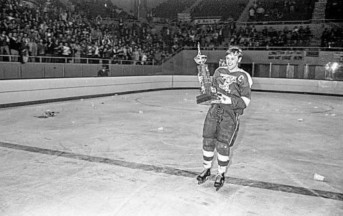 Dave Johnson / Winnipeg Free Press files
Portage captain, Grant Farncombe, carries the Centennial Cup around the beer cup littered rink after winning the championship against the Pembroke Lumber Kings.
On Monday, May 14, 1973,&#xa0;the Portage Terriers clinched the Centennial Cup, beating the Pembroke Lumber Kings (Ont.) 4-2 in the fifth game of the series at Winnipeg Arena.
See Mike Sawatzky story