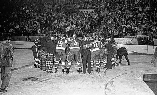 Dave Johnson / Winnipeg Free Press files
Portage Terriers celebrate their Centennial Cup by singing the team victory song at centre ice after beating Pembroke.
On Monday, May 14, 1973,&#xa0;the Portage Terriers clinched the Centennial Cup, beating the Pembroke Lumber Kings (Ont.) 4-2 in the fifth game of the series at Winnipeg Arena.
See Mike Sawatzky story