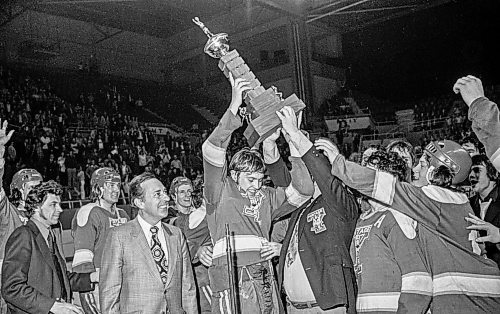 Dave Johnson / Winnipeg Free Press files
Portage captain, Grant Farncombe, hoists the Centennial Cup up while surrounded by his team mates and head coach Muzz MacPherson (wearing a fedora).
On Monday, May 14, 1973,&#xa0;the Portage Terriers clinched the Centennial Cup, beating the Pembroke Lumber Kings (Ont.) 4-2 in the fifth game of the series at Winnipeg Arena.
See Mike Sawatzky story