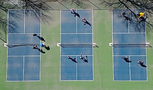 Members of the Brandon Pickleball Club play at the Stanley Park courts Friday morning. (Tim Smith/The Brandon Sun)