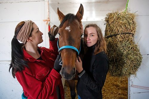 Mike Deal / Winnipeg Free Press
Horse groomers, Tetiana (left) and Ilona (right) with, I&#x2019;ve Got All Night, in trainer Devon Gittens barn have found a home in Winnipeg after escaping the war in Ukraine.
See George Williams story.
230428 - Friday, April 28, 2023.