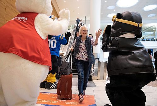 JESSICA LEE / WINNIPEG FREE PRESS

Karen McClean high fives Manitoba&#x2019;s tourism and recreation mascots after stepping off her flight at Winnipeg&#x2019;s Richardson Airport April 28, 2023. The mascots were there to celebrate tourism week in Canada.

Stand up