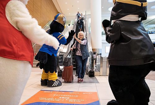 JESSICA LEE / WINNIPEG FREE PRESS

Karen McClean high fives Manitoba&#x2019;s tourism and recreation mascots after stepping off her flight at Winnipeg&#x2019;s Richardson Airport April 28, 2023. The mascots were there to celebrate tourism week in Canada.

Stand up