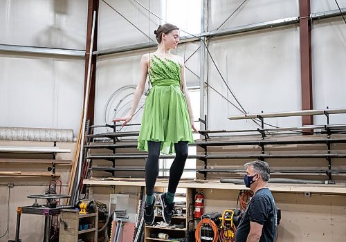 JESSICA LEE / WINNIPEG FREE PRESS

Royal Winnipeg Ballet dancer Amanda Solheim, who plays Tinkerbell in RWB&#x2019;s upcoming production of Peter Pan, practices flying April 29, 2023 in a warehouse in the Exchange District in preparation for her role. Harold Christensen, the flying expert, helps her.

Reporter: Jen Zoratti